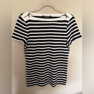 Lauren by Ralph Lauren Navy & White Striped Zipper Short Sleeve Shirt - Medium